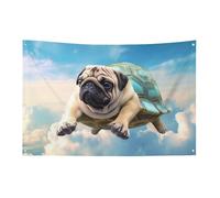 Divertente tartaruga Pug Dog In The Flag 119,4 x 177,8 cm No Fade Bandiera di benvenuto Giardino Cortile Casa Bandiere Decorative Giardino Cortile Cartello Interno Esterno Banner Party Home Decor