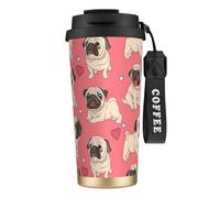 Divertente tazza da caffè in acciaio con stampa di cucciolo di carlino in stile cartone animato, thermos da caffè all'aperto, tazza da campeggio con coperchio a prova di perdite, tazze portatili per