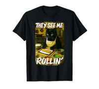 Divertente They See Me Rollin' Black Cat Sushi Chef Pun Maglietta