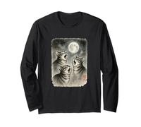 Divertente Tre Gatti Che ululano Luna Carino Gattini Sumi-e Kawaii Maglia a Manica