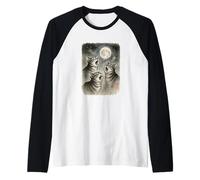 Divertente Tre Gatti Che ululano Luna Carino Gattini Sumi-e Kawaii Maglia con Maniche Raglan