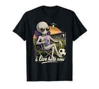 Divertente UFO Alien Soccer Field I Live Here Taro Bubble Tea Maglietta