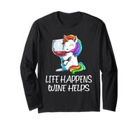 Divertente Vino Unicorno Life Happens Vino Aiuta A Dire Maglia a Manica