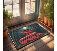 Divertente zerbino decorativo per la casa con mostro rosso con mani spaventose sullo scuolabus nella foresta, tappeto da cucina stile fattoria (65 x 90 cm)