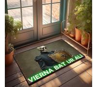 Divertente zerbino decorativo per la casa con teschio in veste nera che tiene scudo con spade incrociate, tappetino di benvenuto per porta d'ingresso all'aperto antiscivolo (65 x 90 cm)