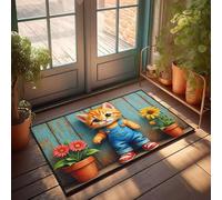Divertente zerbino decorativo per la casa con un simpatico gattino in tuta che si trova tra due vasi di fiori, zerbino invernale per esterni e casa dolce (40 x 60 cm)