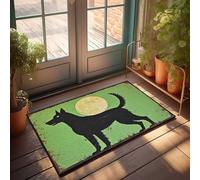 Divertente zerbino decorativo per la stanza con sagoma di cane nero contro la luna piena su sfondo verde, zerbino per interni ed esterni (65 x 90 cm)