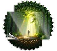 Divertenti adesivi per auto Una persona cammina lungo un sentiero nella foresta mentre la luce del sole filtra attraverso gli alberi. Adesivi 10 pezzi adesivi decorativi per paraurti (8 x 12 cm)