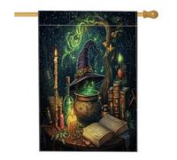 Divertenti bandiere magiche per la casa del libro di Halloween, 71 x 101 cm, double face, per esterni, cappello da strega, candela spaventosa, calderone standard verticale, bandiere per la casa