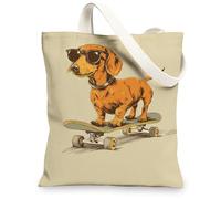 Divertenti borse di tela di tela, borse della spesa riutilizzabili di disegno del cane carino, borse della spesa leggere lavabili della spalla della tela per la palestra fuori, Beige, 13x15 Inch