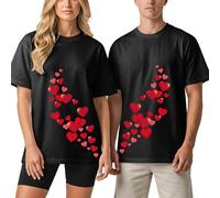 Divertenti camicie per coppie, stampa a cuore, maglietta a maniche corte girocollo da uomo per le vacanze, per San Valentino, Nero , XL