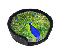 Divertenti sottobicchieri blu con stampa di pavone, 6 pezzi in pelle con supporto per ufficio, cucina, sala da pranzo, soggiorno, 9,9 cm