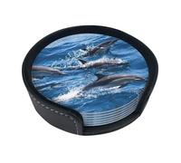 Divertenti sottobicchieri con stampa delfini nel mare, 6 pezzi in pelle con supporto per ufficio, cucina, sala da pranzo, soggiorno, 9,9 cm