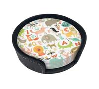 Divertenti sottobicchieri con stampa dell'alfabeto dello zoo, 6 pezzi, in pelle, con supporto, per ufficio, cucina, sala da pranzo, soggiorno, 9,9 cm