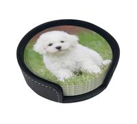 Divertenti sottobicchieri con stampa di Bichon Frise, 6 sottobicchieri in pelle con supporto per ufficio, cucina, sala da pranzo, soggiorno, 9,9 cm