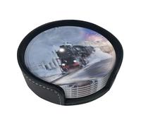 Divertenti sottobicchieri con stampa di treno a vapore e tramonto, 6 pezzi, in pelle, con supporto, per ufficio, cucina, sala da pranzo, soggiorno, 9,9 cm