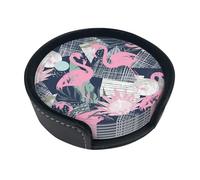 Divertenti sottobicchieri rosa con stampa fenicottero e foglie, 6 pezzi in pelle con supporto per ufficio, cucina, sala da pranzo, soggiorno, 9,9 cm