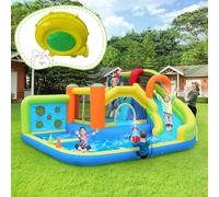 [Divertimento tutto l'anno] Castello gonfiabile con ventilatore, parco acquatico multifunzionale+parco trampolino per bambini, scivolo acquatico, parete da basket, arrampicata da 450 W