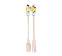 Divina Italian Design, Set da Cucina in Legno e Ceramica, Cucchiaio e Forchetta da Servizio, Manico Decorato con Limoni su Blu, Lavaggio a Mano - SF86 (Bianco)