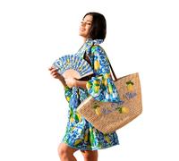 DIVINA Outfit Donna - LDV - Vestito con Stampa Limoni + Borsa in Paglia + Ventaglio - Edizione Limitata (IT, Testo, Taglia Unica, Regular, Regular, Maxi Bag - La Dolce Vita, Lemon Blue - out 01)