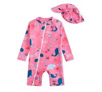 DivingBirds Costume da Bagno per Bambina a Maniche Lunghe, Costume da Bagno in Un Pezzo per Bambina con Cerniera Obliqua e Cappuccio, Balena, 6-9 Mesi