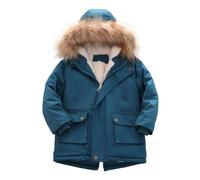 DivingBirds Parka da Bambino e Bambina, Giacca da Bambino con Fodera in Pile e Cappuccio in Pelliccia Sintetica, Capospalla Invernale di Media Lunghezza Blu per 3-4 Anni