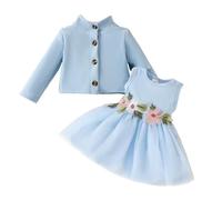 DivingBirds Vestito da bambina e cardigan da 2 pezzi, set di 2 pezzi, stampa floreale a farfalla, abiti in tulle per bambini a maniche lunghe, per ragazze 3 mesi-3 anni, Blu, 18-24 Monate