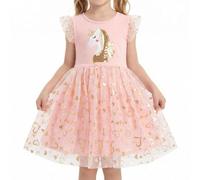 DivingBirds Vestito da ragazza con unicorno, con volant, a maniche corte, in cotone, estivo, per bambini, da 3 a 8 anni
