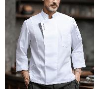 Divisa da chef a maniche lunghe, autunno/inverno, bianca, stile colletto alla francese, durevole, lavabile, resistente al pilling, tessuto delicato sulla pelle, resistente ai colori e al restringiment