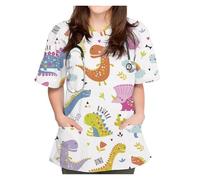 Divisa Infermiere Uniforme chirurgica Donna Simpatico Dinosauro Stampa Cartone Animato Uniformi chirurgiche Scollo a V Manica Corta Pet Top Scrub Chirurgico da Donna Donna Uniformi Sanitarie Slim-Fit
