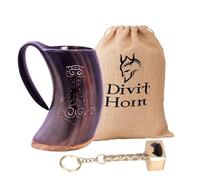 Divit Authentic Viking Horn | Il boccale da birra arcaico | Stile reale; bevi da un vero boccale di corno di bue (Thor Mug + Hammer Opener (650-700 ml))