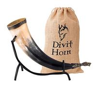 Divit Horn Corno per bere supporto in ferro, autentico corno medievale per bere la birra | Ornamenti in ottone e borsa regalo in tela di iuta inclusi | Coccodrillo, capacità lucidata (400-500 ml)
