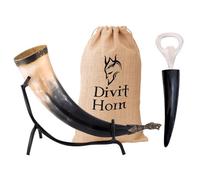 Divit Horn - Corno vichingo per bere genuino con supporto in ferro | Corno da bere medievale autentico | Abbellimenti in ottone e sacchetto regalo in juta inclusi | Capacità 450 ml | L'originale