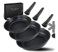 DIVORY Set di 3 padelle 20cm, 24cm, 28cm con manico rimovibile, induzione, rivestimento antiaderente, padella antiaderente alta + protezione per padella