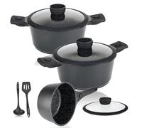 DIVORY Set di pentole - 8 pezzi - casseruola 18 cm, 20 cm e 24 cm, con coperchio, pentole per la cottura a induzione - rivestite con manico rimovibile, inclusi gli aiutanti da cucina