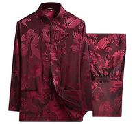 Diwimiki Abito cinese Tang da uomo, uniforme da kung fu, camicia e pantaloni, vestiti tradizionali Hanfu Tai Chi, Rosso scuro, X-Large