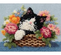 DIY Animale Kit Per Tappeti Con Gancio A Scatto Gatto In Un Cesto Di Fiori Kit Per Tappeti Con Uncinetto Per Adulti E Bambini,Kits Per Arazzo All'Uncinetto Con Schema A Colori Prestam 31x63in