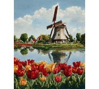 DIY Bead Cross Stitch Kits Mulino A Vento Retrò E Paesaggio Floreale Kit Per Punto Croce Con Perline,Filo Da Ricamo Colorato E Perlines Adulti E Principianti 40x50cm