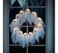 DIY Ghost Wreath, Glowing Ghosts Wreath, Halloween DIY Lit Ghost Garland, Spooky Indoor & Outdoor Hanging Decoration for Front Door, Wall, Party, Battery-Powered Halloweens Decor (1 set)