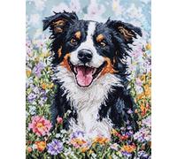 Diy Kit Punto Croce Con Perline Border Collie E Fiori Kits Punto Croce Con Perline Fai-Da-Te Kit Ricamato Set Facile Per Adulti Principianti Arte Del Ricamo 9CT 40x50cm