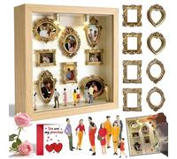 DIY Mini Museum Silhouette Box, Shadow Box Frame Kit with Gold Mini Frames & Figurines, Minis Museum Picture Frame with Lights, A Meaningful Gift for Valentine's Day & Anniversaries (Wood Color)
