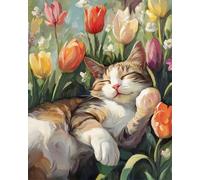 Diy Set Ricamo Perline Gatto Animale E Fiori Di Tulipano Kit Per Ricamo A Punto Croce,Pittura Fai Da Te Con Perline,Arazzo 3D,Seed Bead Embroidery Kits 9CT 50x60cm
