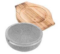 DIYEAH Ciotola Multifunzione in Pietra Naturale 18 Cm 800 Ml con Vassoio in Legno, Resistente Alte Temperature per Cucina Coreana Bibimbap e Uso Quotidiano