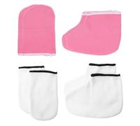 DIYEAH Set 4 Paia Guanti Copri-piedi e Mani Esfolianti in Poliestere, Idratanti e Resistenti per Bagno di Cera Paraffina, per Spa e Cura Mani Piedi a Casa e Salone, Colore Bianco e Rosa
