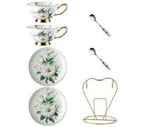 DIYEAH Set di Tazze da Caffè in Ceramica Decorata Oro, 2 Tazze e Piattini Cucchiaino e Supporto, per Tè e Cappuccino, per Tè Pomeridiano e Riunioni di Famiglia