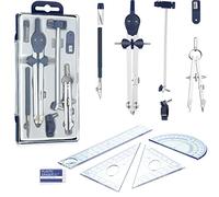 Diyfixlcd Set di 12 geometrie, tra cui bussola in metallo, strumento di disegno, scala righello, righello triangolare, goniometro e gomma, set di strumenti di precisione per geometria