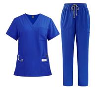 DIYIOUZHOU Uniforme elastica da donna, con scollo a V, tunica e pantaloni a gamba larga, abbigliamento da lavoro per infermieri, 01-blu reale, XL