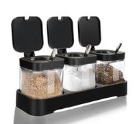 DIYJEP 3 Pezzi Barattolo per Spezie in Vetro, Contenitori Spezie con Coperchio e Base in Acciaio Inox per cucina, Barattoli Quadrati Trasparenti per Condimento per Condimenti Sale Zucchero (Nero)