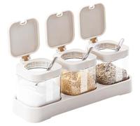 DIYJEP Set di 3 Zuccheriera con Cucchiaio in Vetro, 255 ml Barattolo per Spezie con Coperchio e Base, Barattoli Trasparenti da Cucina per Conservare Sale, Zucchero, Caffè e Alimenti (Bianco)