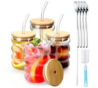 DIYJEP Set di 4 Bicchieri con Cannucce e Coperchi, Tazze da Caffè in Vetro con Cucchiai da Bar e Spazzole di Pulizia, 350 ml Bicchieri da Cocktail Riutilizzabili per Frullati, Succhi di Frutta e Soda